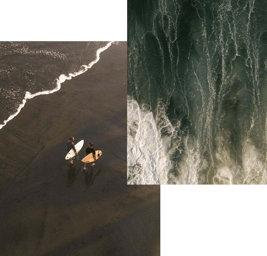 collage de fotos de dos amigos caminando por la playa con tablas de surf siendo vistos desde arriba y oelaje del mar
