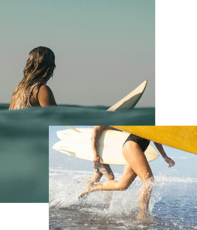 collage de fotos de una mujer de espalda sobre una tabla de surf en el mar y pareja corriendo en la costa con tablas de surf